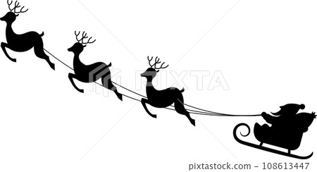 Silhouette of Santa Claus distributing presents on a sleigh pulled by reindeer Silhouette of Santa Claus distributing presents on a sleigh pulled by reindeer 108613447