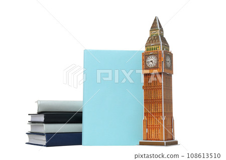 PNG,Books with toy BIG Ben, isolated on white background PNG,Books with toy BIG Ben, isolated on white background 108613510