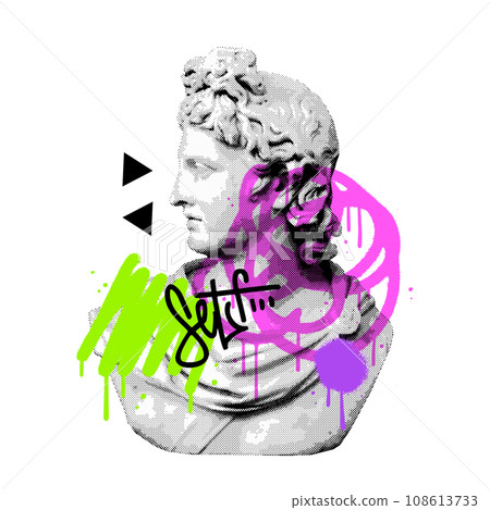 Male antique bust sculpture isolated in retro halftone texture vintage dotted pop art style. Abstract graffiti strokes with cut out collage element for mixed media grunge punk vector illustration. Male antique bust sculpture isolated in retro halftone texture vintage dotted pop art style. Abstract graffiti strokes with cut out collage element for mixed media grunge punk vector illustration. 108613733