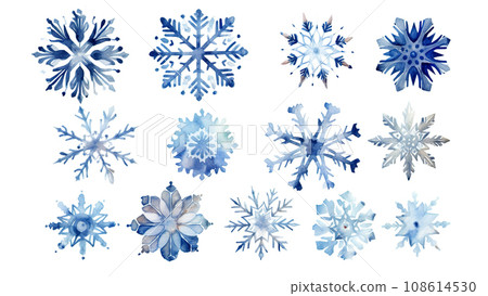Watercolor blue snowflakes set isolated on white background. Watercolor blue snowflakes set isolated on white background. 108614530