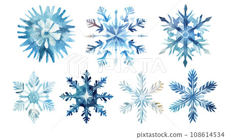 A set of watercolor snowflakes isolated on a white background. Hand-painted illustrations. 108614534