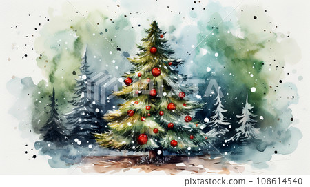 Decorated with red balls, a festive Christmas tree. 108614540