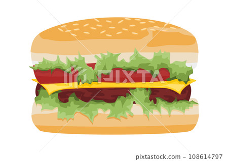 Hamburger with meat, cheese and salad flat style. Cartoon illustration 108614797