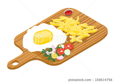 Delicious fried eggs with french fries and salad with onion, cucumber, tomato and chili. Vector illustration 108614798