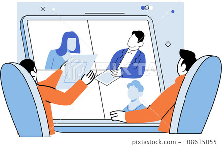 Conference group meeting. Vector illustration. Teamwork is essential for achieving collective goals Men and women contribute equally to success businesses Businessmen and women play important roles Conference group meeting. Vector illustration. Teamwork is essential for achieving collective goals Men and women contribute equally to success businesses Businessmen and women play important roles 108615055