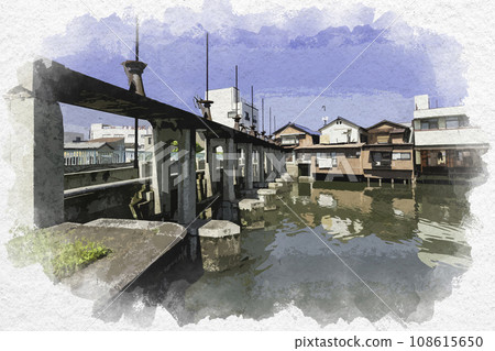 Watercolor style Tamashima Port Tamekawa scenery Drum can bridge Kurashiki City, Okayama Prefecture 108615650