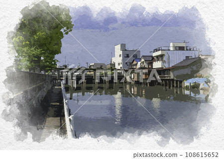 水彩風格玉島港為川風景鼓罐橋岡山縣倉敷市 水彩風格玉島港為川風景鼓罐橋岡山縣倉敷市 108615652