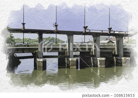 水彩風格玉島港為川風景鼓罐橋岡山縣倉敷市 水彩風格玉島港為川風景鼓罐橋岡山縣倉敷市 108615653