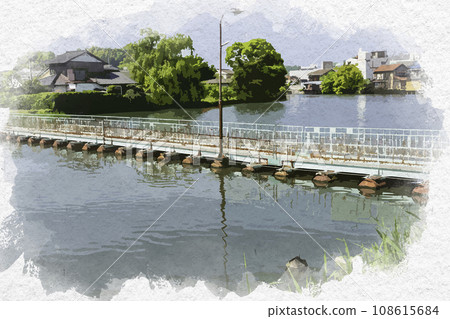 Watercolor style Tamashima Port Tamekawa scenery Drum can bridge Kurashiki City, Okayama Prefecture 108615684