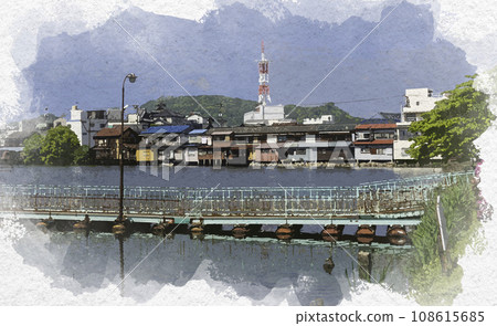 Watercolor style Tamashima Port Tamekawa scenery Drum can bridge Kurashiki City, Okayama Prefecture Watercolor style Tamashima Port Tamekawa scenery Drum can bridge Kurashiki City, Okayama Prefecture 108615685