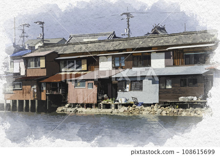 水彩風格玉島港為川風景岡山縣倉敷市 水彩風格玉島港為川風景岡山縣倉敷市 108615699