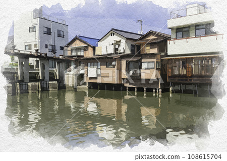 水彩風格玉島港為川風景岡山縣倉敷市 水彩風格玉島港為川風景岡山縣倉敷市 108615704