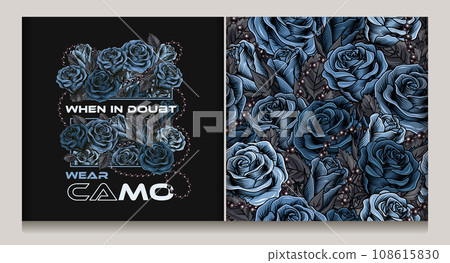 Blue camouflage label, pattern with lush blooming roses, gray leaves, strings of beads, text Wear Camo. Vintage style. For sport goods, textile design. Not AI 108615830