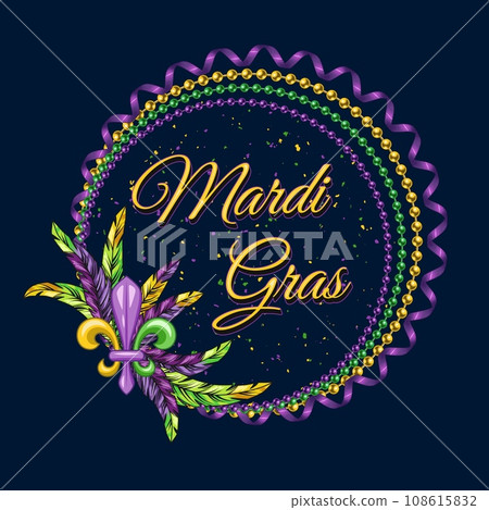 Circular frame with strings of beads, feather, fleur de lis sign, text. Circular frame with strings of beads, feather, fleur de lis sign, text. 108615832