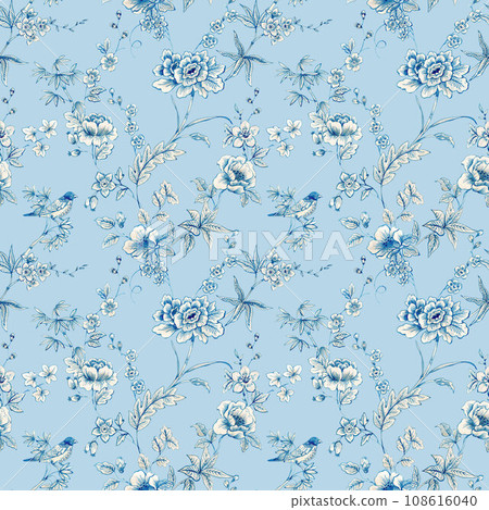 Beautiful floral seamless pattern with hand drawn watercolor wild blue and white herbs and flowers. Stock illustration. 108616040