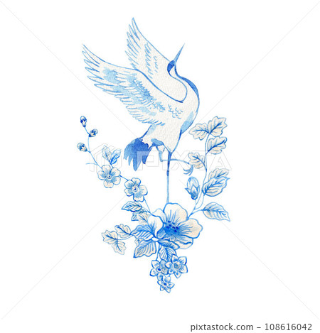 Beautiful floral composition with hand drawn watercolor wild blue and white herbs and flowers and crane birds. Stock illustration. 108616042