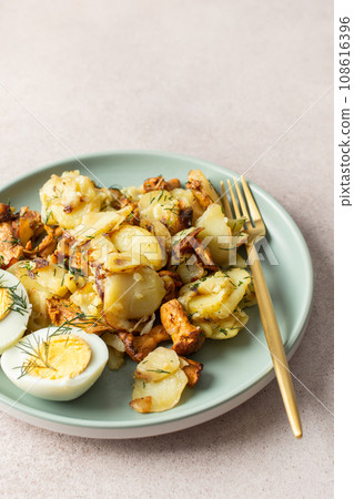 Fried young potatoes with Chanterelles 108616396