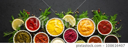 Sauces in bowls with seasonings 108616407