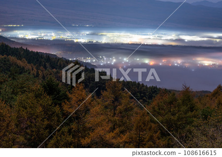 [Yamanashi Prefecture] Night view of Oshino Village shrouded in fog at the foot of Mt. Fuji 108616615