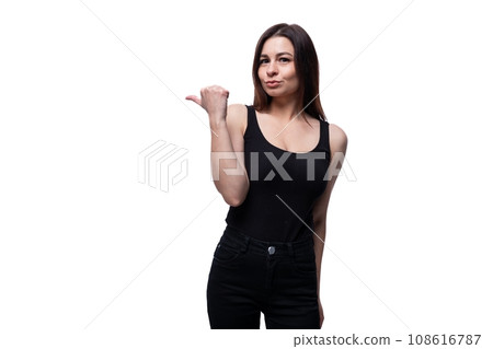 Casual young brunette woman actively gesturing 108616787