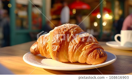 Fresh croissant and cup of coffee on the table in a cafe 108616903