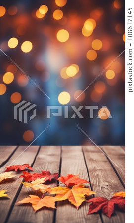 AI Generated autumn maple leaves on wooden plank stand table with glittering bokeh background for Thanksgiving day design concept. 108617145