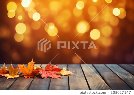 AI Generated autumn maple leaves on wooden plank stand table with glittering bokeh background for Thanksgiving day design concept. 108617147