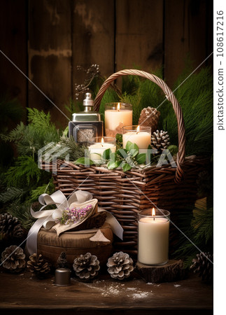 Traditional christmas still life with cosmetics. candles and pine Traditional christmas still life with cosmetics. candles and pine 108617216