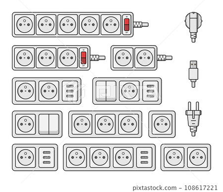 power outlet plug extension strip switch french type e set vector flat illustration power outlet plug extension strip switch french type e set vector flat illustration 108617221