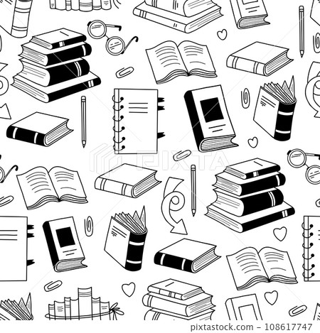 Seamless book pattern. Books, notebooks, notepad, glasses and pencil on white background. Vector illustration in hand drawn doodle style Seamless book pattern. Books, notebooks, notepad, glasses and pencil on white background. Vector illustration in hand drawn doodle style 108617747