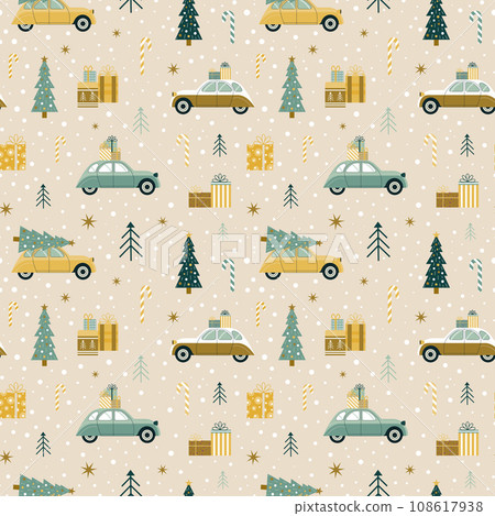 Christmas Pattern with Cars Carrying Cristmas Tree 108617938