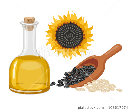Sunflower set. Sunflower oil, sunflower plant, seeds in a canvas bag, wooden spoon and bowl. Agriculture, food. Vector 108617974