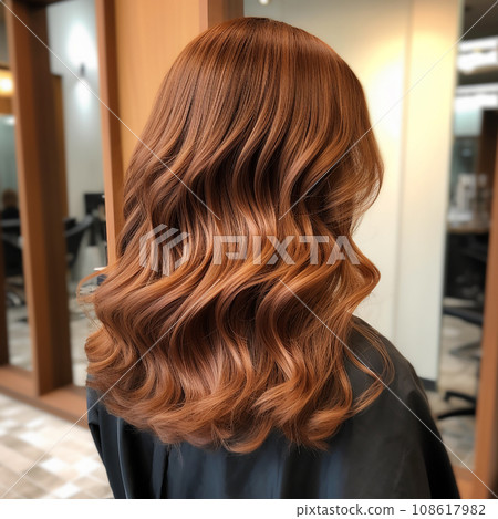 Texture of curly beautiful hair in chestnut brown color, close-up, for advertising hair salons 108617982