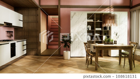 dinner room japanese style with long table and wooden chairs in room japandi. 108618131