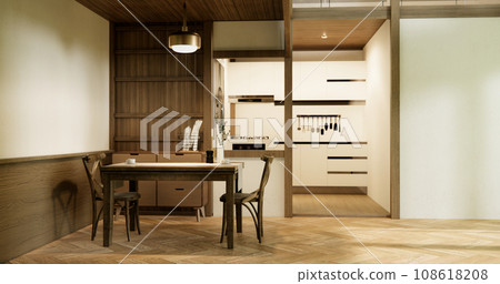 dinner room japanese style with long table and wooden chairs in room japandi. 108618208