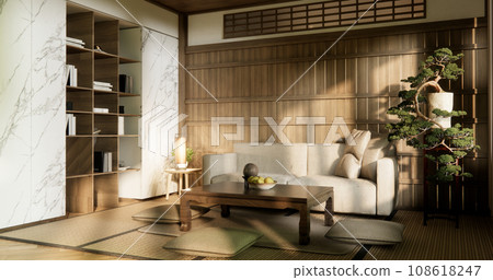 low table and pillow on tatami mat in wooden room japanese style. 108618247