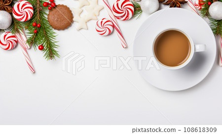 A mug of hot cocoa or chocolate drink and Christmas homemade cookies, on a festive white background A mug of hot cocoa or chocolate drink and Christmas homemade cookies, on a festive white background 108618309