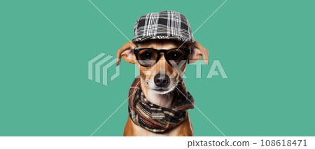 Portrait of a cute dog wearing a hat and glasses. 108618471