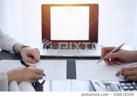 Two accountants use a laptop computer for counting taxes or revenue balance. Business, audit, and taxes concepts 108618509