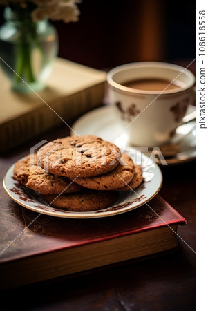 Cup of coffee and oatmeal cookies on a wooden table. 108618558