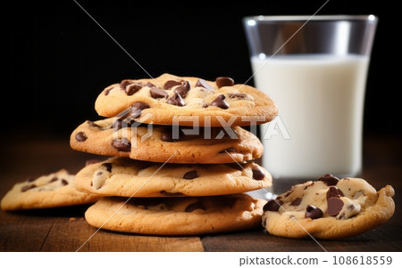 Chocolate chip cookies and a glass of milk on a wooden table 108618559