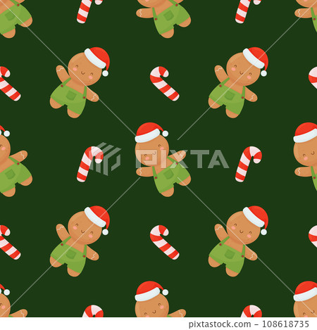 Seamless christmas pattern gingerbread man and candy cane on green background. Seamless christmas pattern gingerbread man and candy cane on green background. 108618735