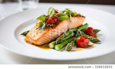 Salmon steak on restaurant table 108618850