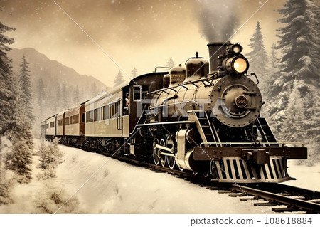 Vintage illustration of an old train decorated for Christmas. Steam locomotive, passenger cars and snowy scenery. 108618884