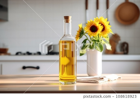Organic sunflower oil in a small glass jar with sunflower fresh flowers on the table 108618923