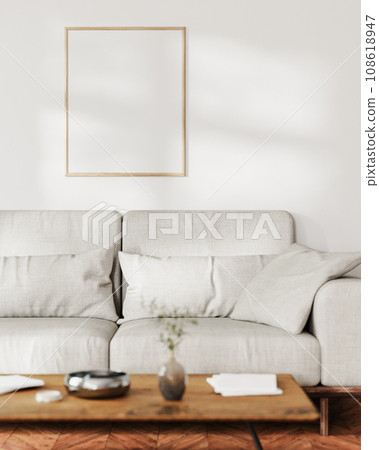 frame mock up on white wall with sunlight in living room interior with gray sofa and coffee table with decor, 3d rendering frame mock up on white wall with sunlight in living room interior with gray sofa and coffee table with decor, 3d rendering 108618947