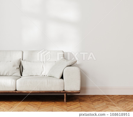 living room interior mock up, gray sofa near white wall with sunlight, 3d rendering 108618951