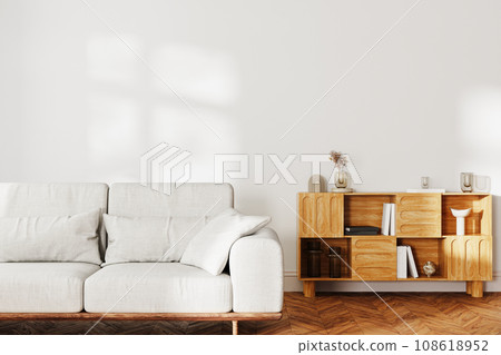 living room interior mock up, gray sofa and wooden cupboard with decor, 3d rendering 108618952
