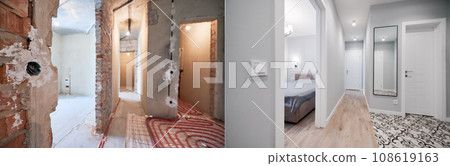 Photo collage of hallway and bedroom before and after refurbishment. Old apartment with underfloor heating pipes and new renovated flat with bed, doorway, elegant interior design. Focus on the switch. Photo collage of hallway and bedroom before and after refurbishment. Old apartment with underfloor heating pipes and new renovated flat with bed, doorway, elegant interior design. Focus on the switch. 108619163