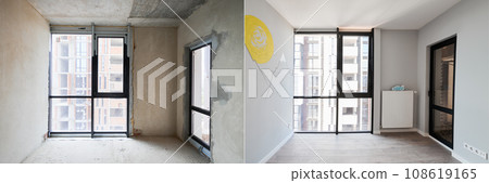 Comparison of children room with wooden bunk bed before and after restoration. Photo collage of old apartment with door and new renovated flat with parquet floor. 108619165